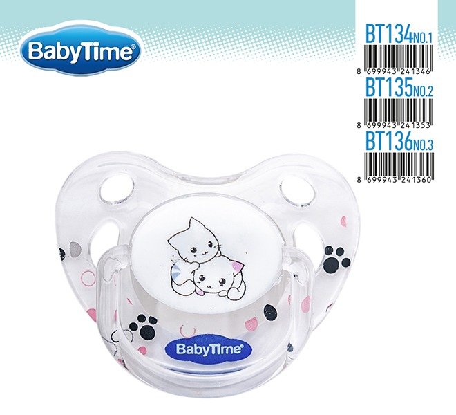 BT136 სილიკონის ორთოდონტული გამჭვირვალე მატყუარა ილუსტრაციით, თავსახურით №3 (18 + თვე)