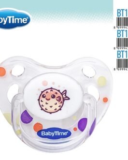 BT134 სილიკონის ორთოდონტული გამჭვირვალე მატყუარა ილუსტრაციით, თავსახურით №1 (0 – 6 თვე)