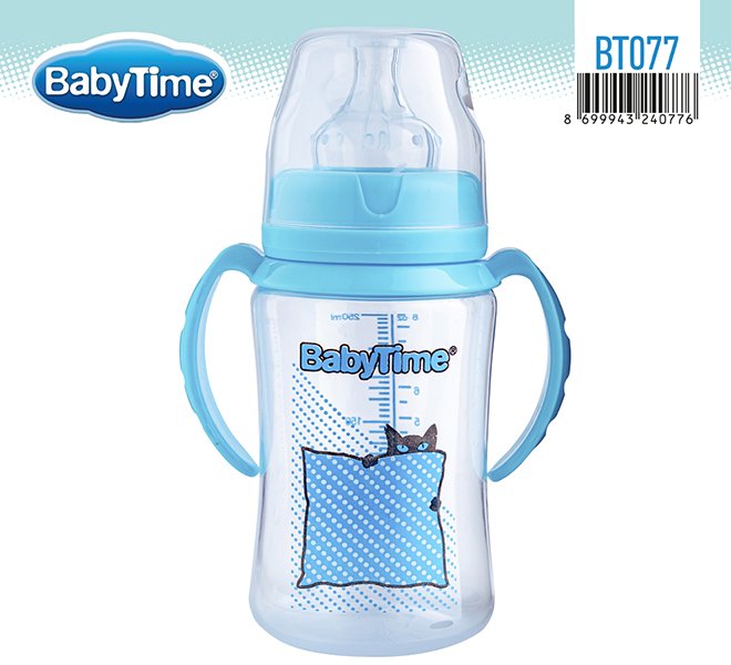 BT077 PP კვების ბოთლი ფართო ყელით, სახელურით 250 მლ