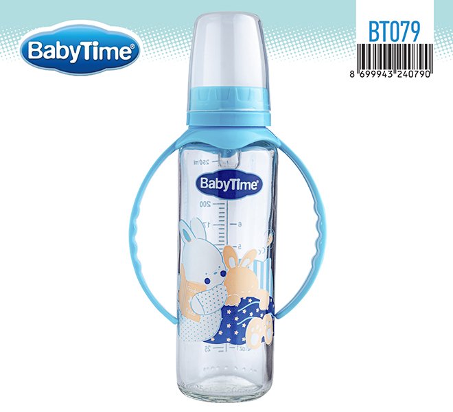 BT079 შუშის კვების ბოთლი, სახელურით 250 მლ