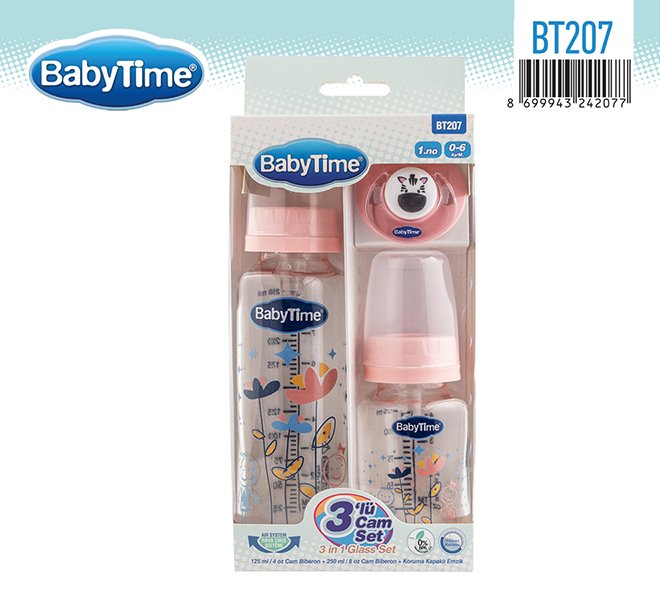 BT207 შუშის კვების ბოთლის და მატყუარას ნაკრები - სამი ერთში